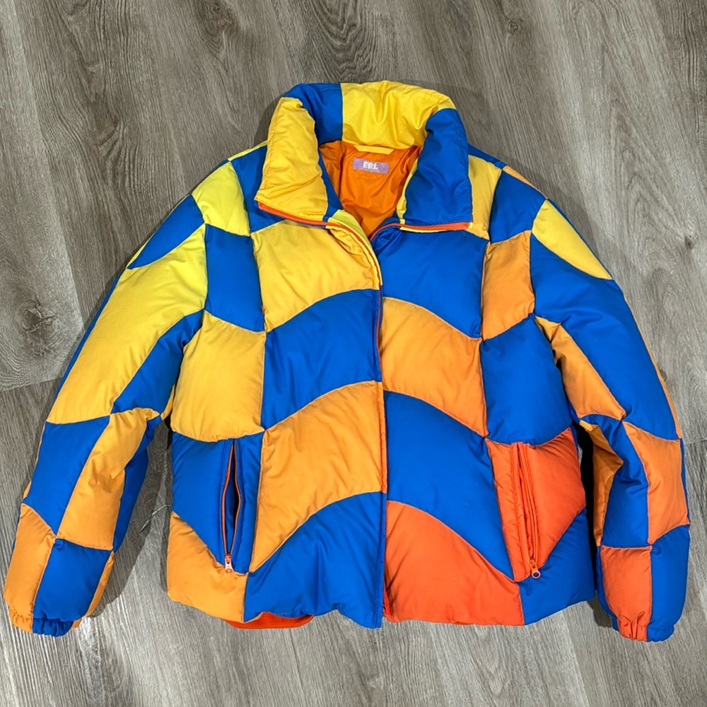 ERL Puffer Jacket Blue, Orange, and Yellow Gradient Checkered Size M